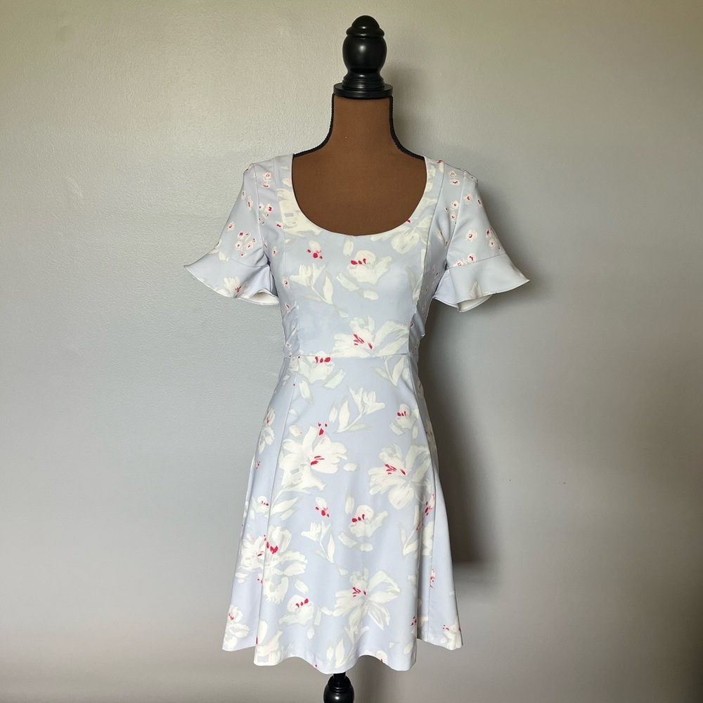 French Connection Light Blue Flowered Frill Short Sleeve Dress